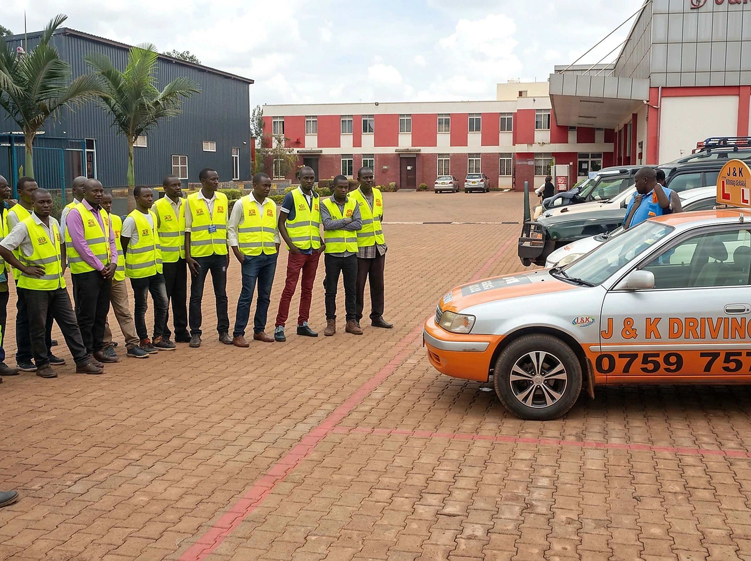 Safety officer delivering an on-site briefing to a client team in high-visibility PPE before practical training