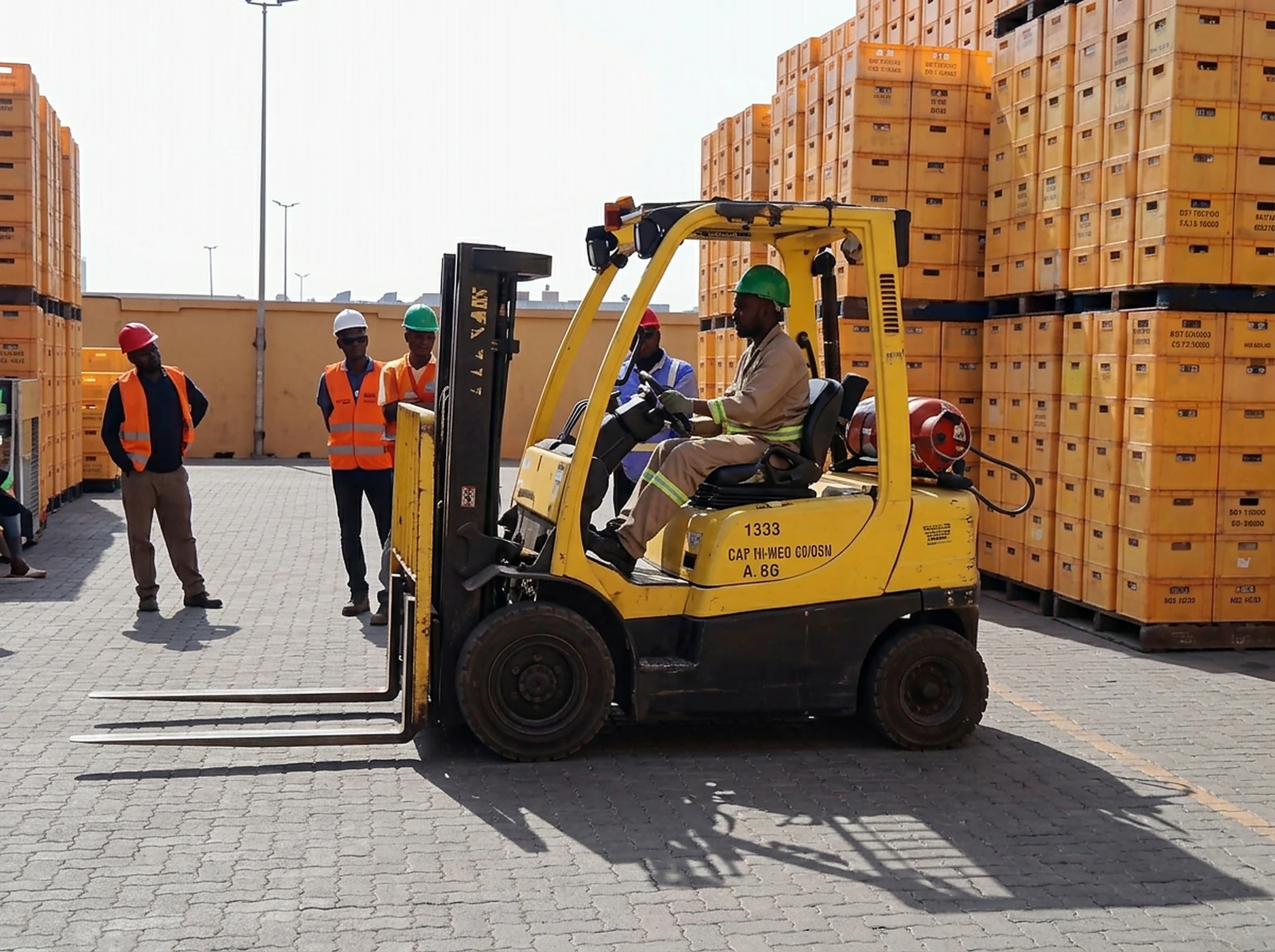 Trainees in high-visibility PPE during an on-site plant and forklift training session